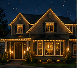 Nighttime photograph of a centered two-story house with bright warm roofline lights and a glowing entryway.