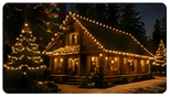 Sixth nighttime gallery photograph of a lit cabin and tall Christmas tree.