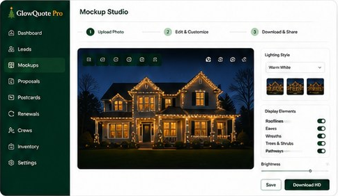 Full mockup studio application screenshot showing dark green sidebar, house mockup canvas, style selector, and controls.