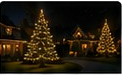 Night house photo with roofline lights and illuminated trees and landscaping.