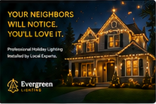 Dark holiday-lighting postcard template headed 'YOUR NEIGHBORS WILL NOTICE. YOU'LL LOVE IT.'