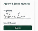 Miniature approval form containing an e-signature scribble, horizontal signature line, and dark-green Submit button.