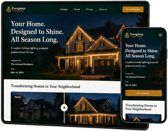 Composite product render showing a large dark-framed desktop proposal preview and overlapping mobile proposal preview, each featuring a warmly lit home at night.
