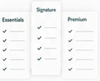 Miniature three-column package comparison sheet with checkmarks and horizontal feature lines.