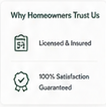 Miniature trust panel with license document and satisfaction badge icons.