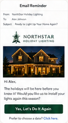 Email reminder product mockup containing a holiday-lighting email, home photo, and green confirmation button.