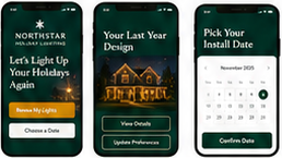 Three adjacent dark-green mobile app screens showing holiday lighting renewal, last-year design, and date-picker confirmation.