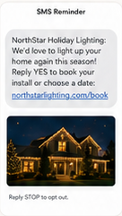 SMS reminder product mockup with a gray incoming message bubble, holiday house image, and response prompt.