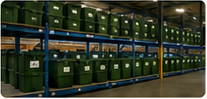 Photograph of warehouse shelving filled with rows of green storage bins.